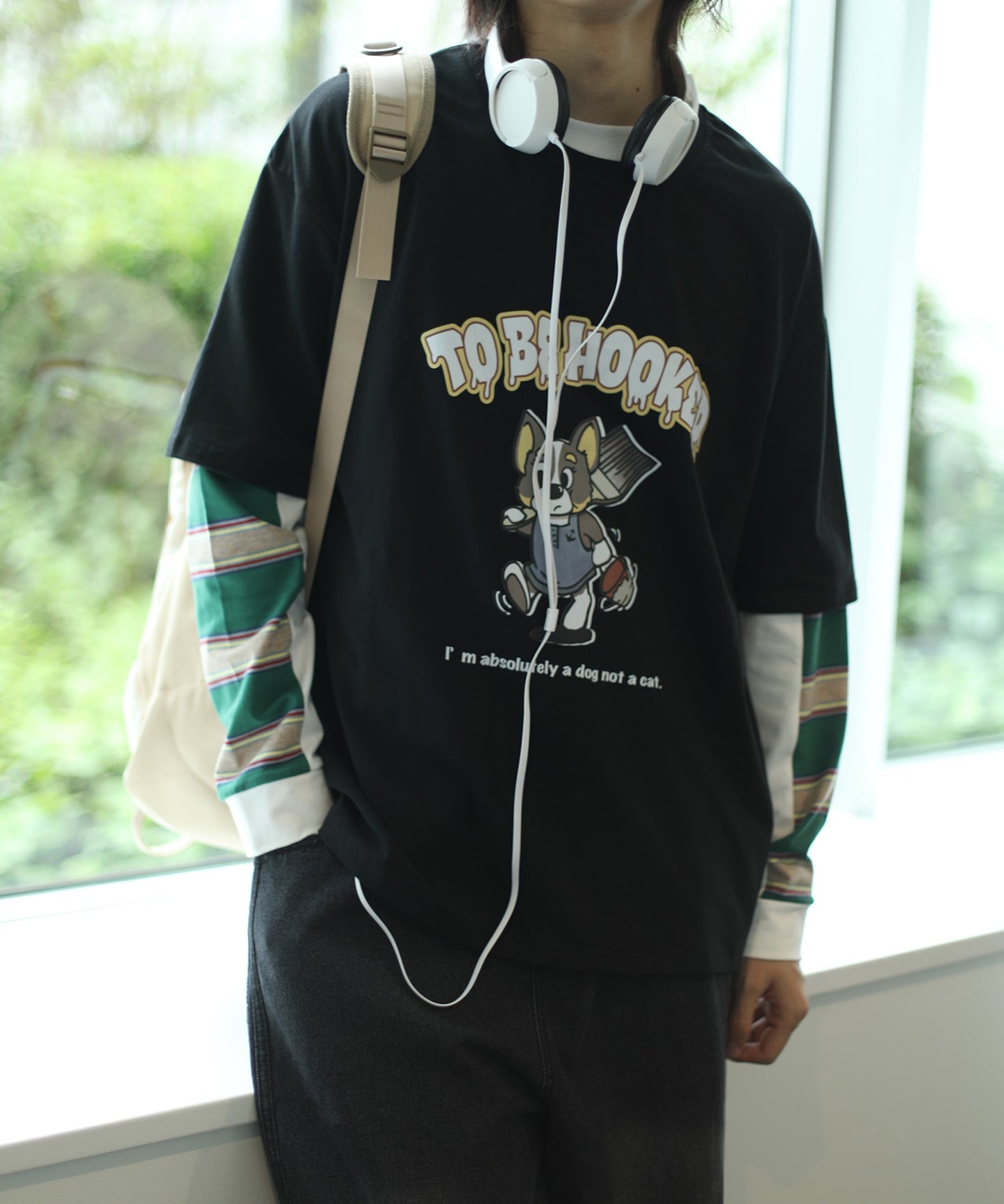 [HOOK -original-] Cute cartoon print border switching sleeve TEE