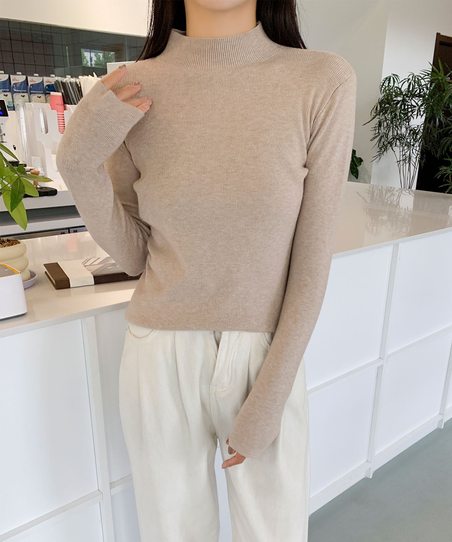 aimoha/無地モックネックニットソートップス