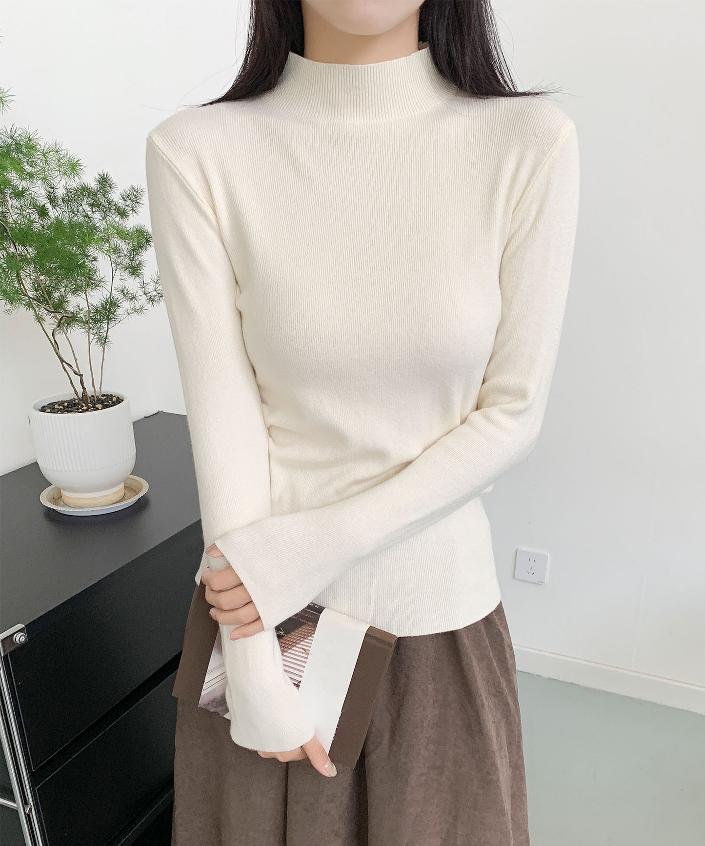 aimoha/無地モックネックニットソートップス