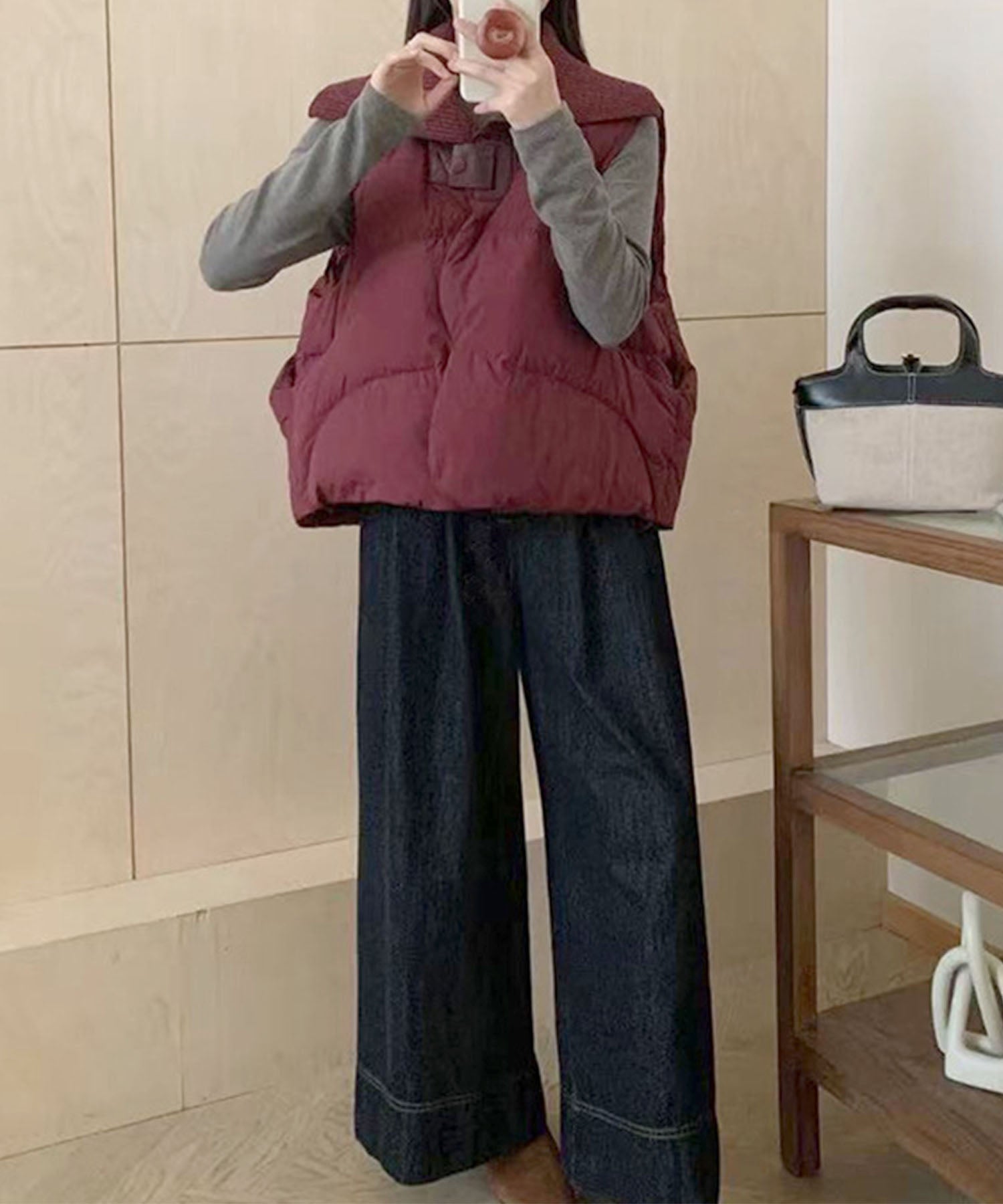 ニット衿ショートダウンベスト