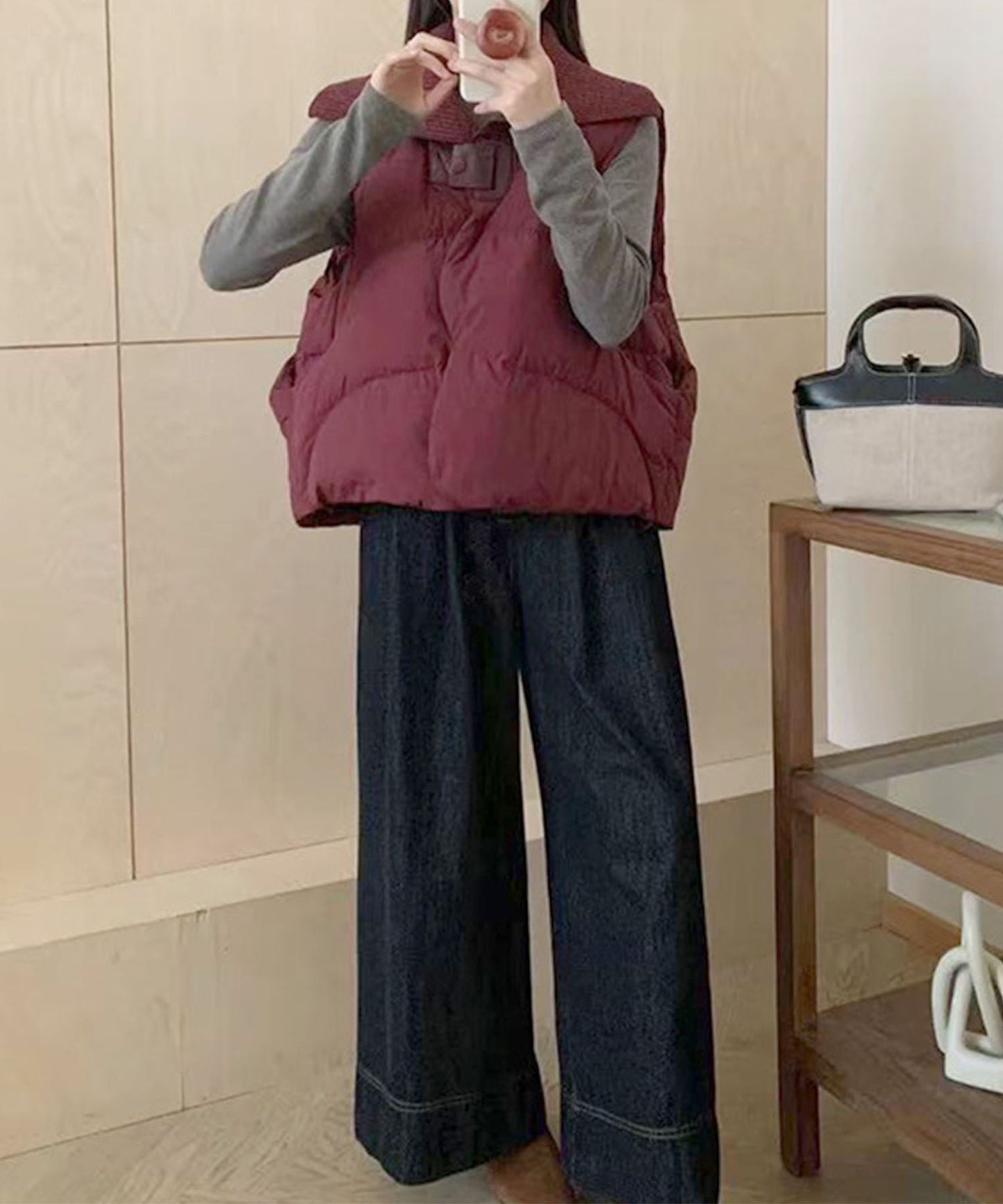 ニット衿ショートダウンベスト