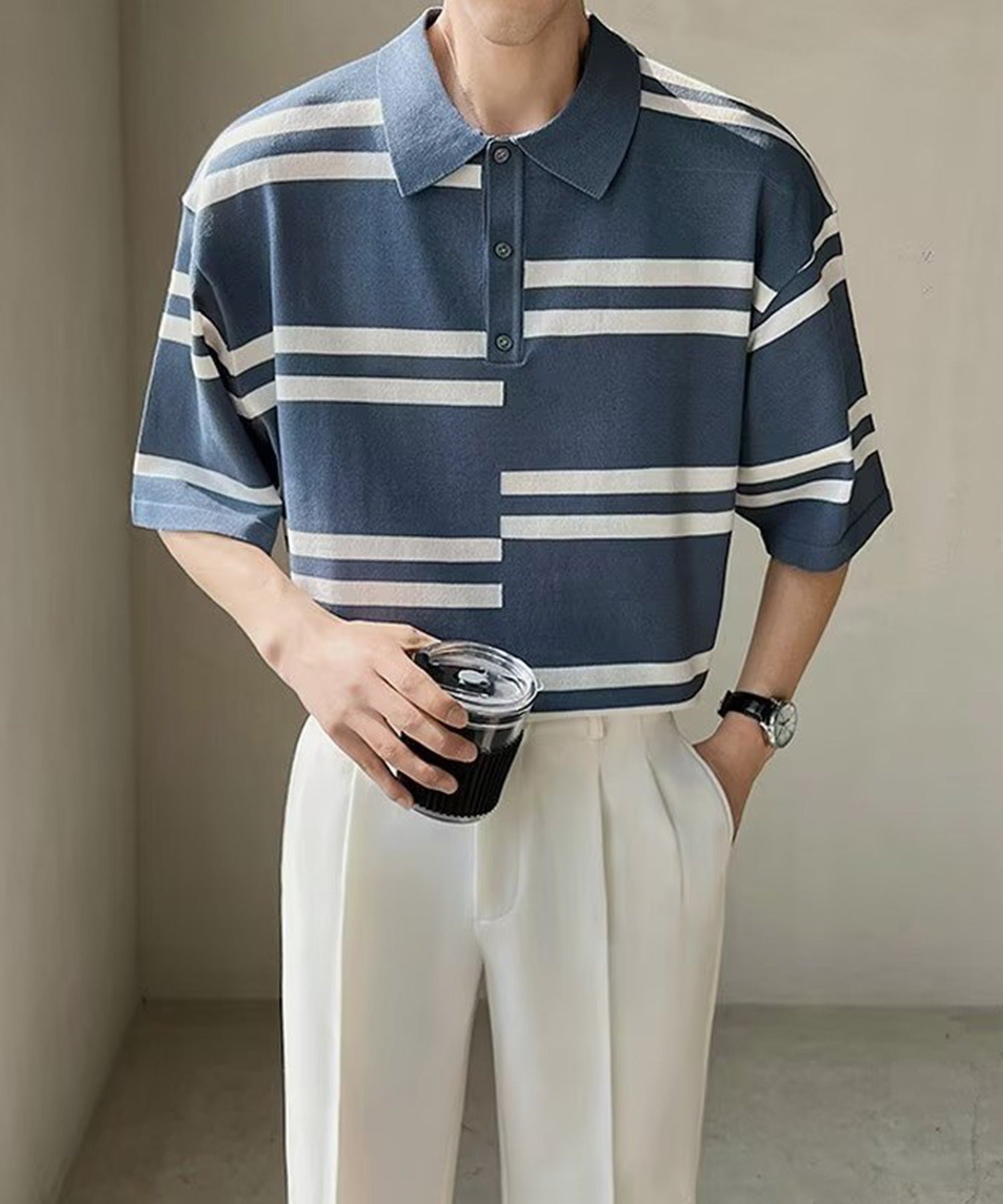 [aimoha Men's] Short sleeve border summer knit polo shirt