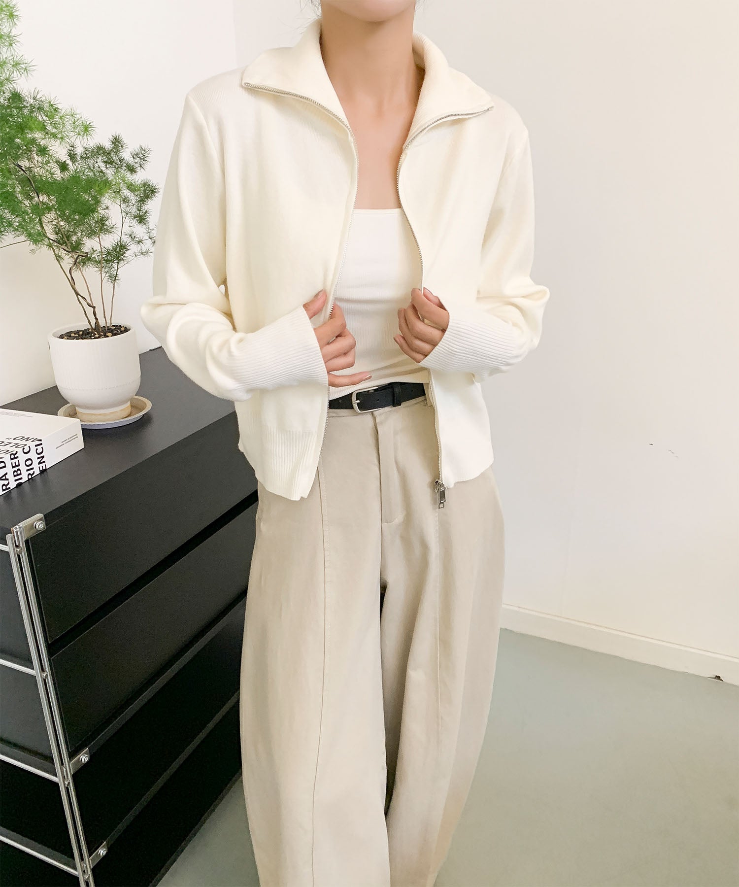 aimoha/ダブルジップ 無地ニットパーカー