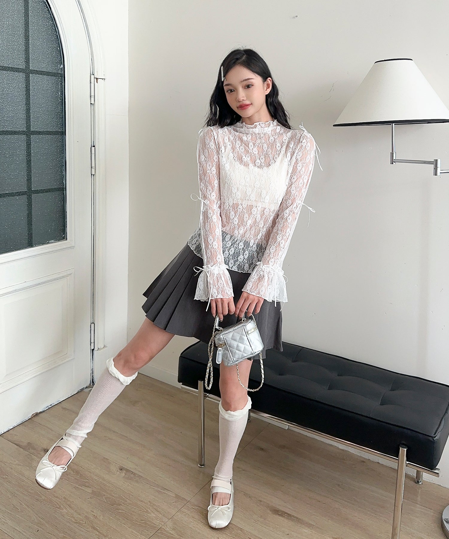 【Jasmine】袖リボンメロウシアーレースインナートップス