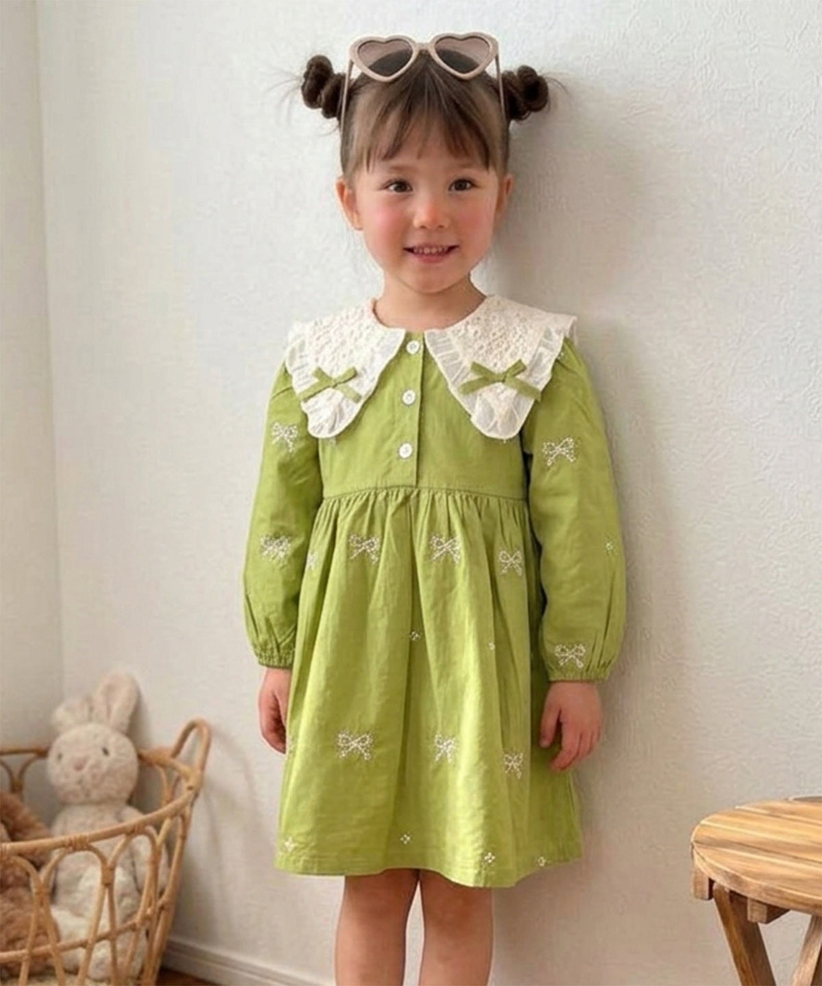 【aimoha KIDS】【90-130cm】レース襟リボン刺繍ワンピース