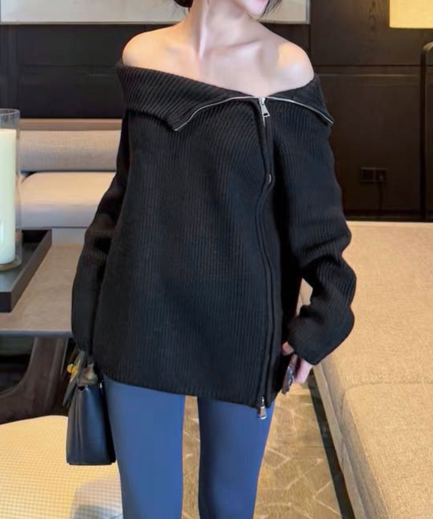 斜めファスナー アシンメトリーニットトップス（ダブルジップ仕様）