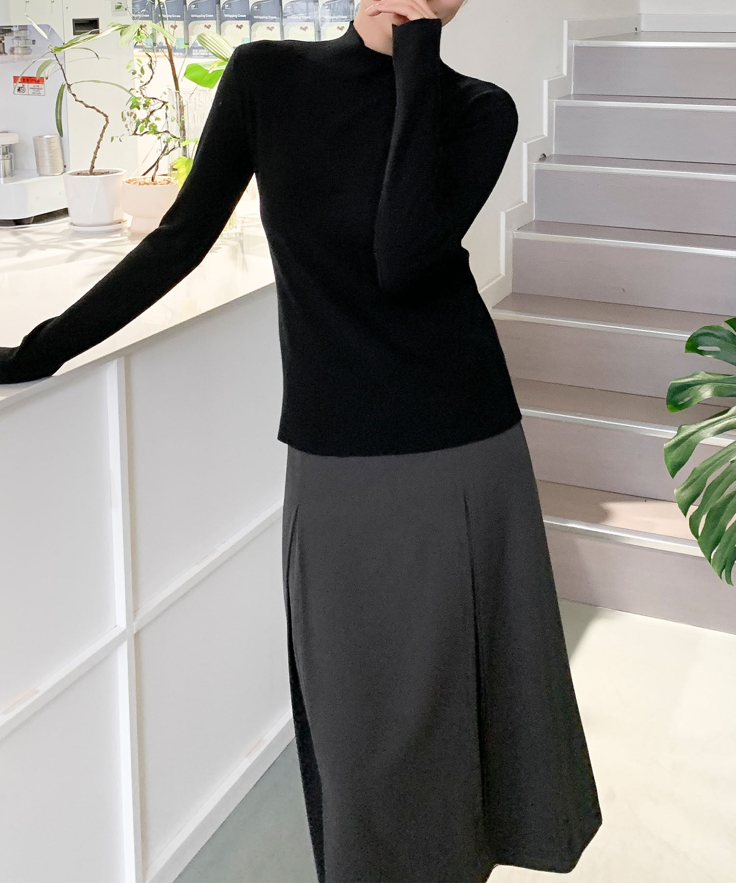 aimoha/無地モックネックニットソートップス