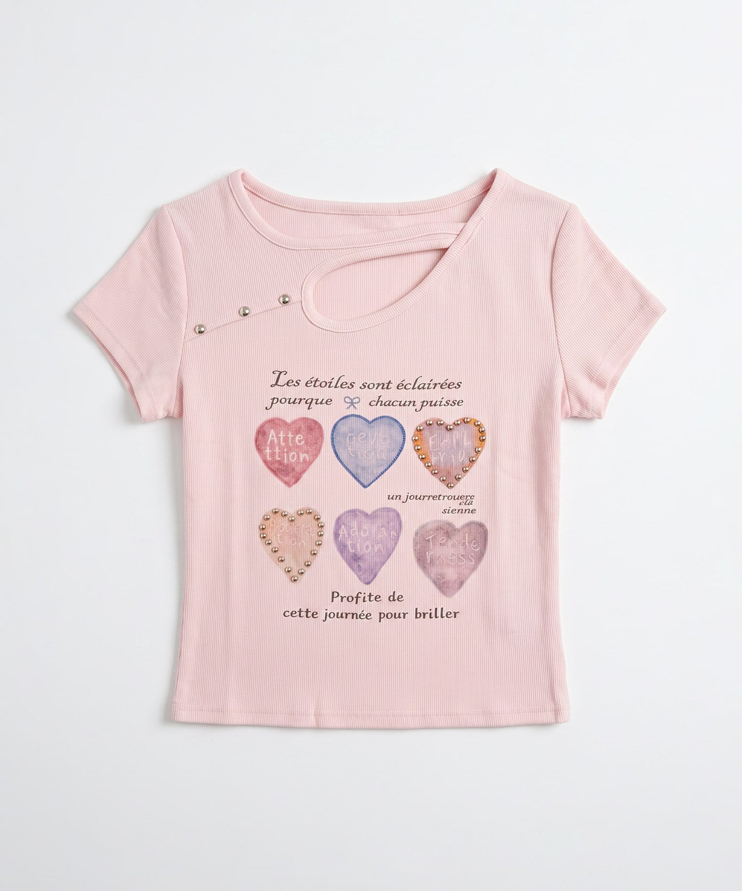 HOOK for girls 胸元デザイン × ハートスタッズプリント　クロップド 半袖 Tシャツ