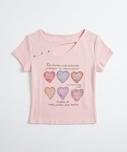 HOOK for girls 胸元デザイン × ハートスタッズプリント　クロップド 半袖 Tシャツ