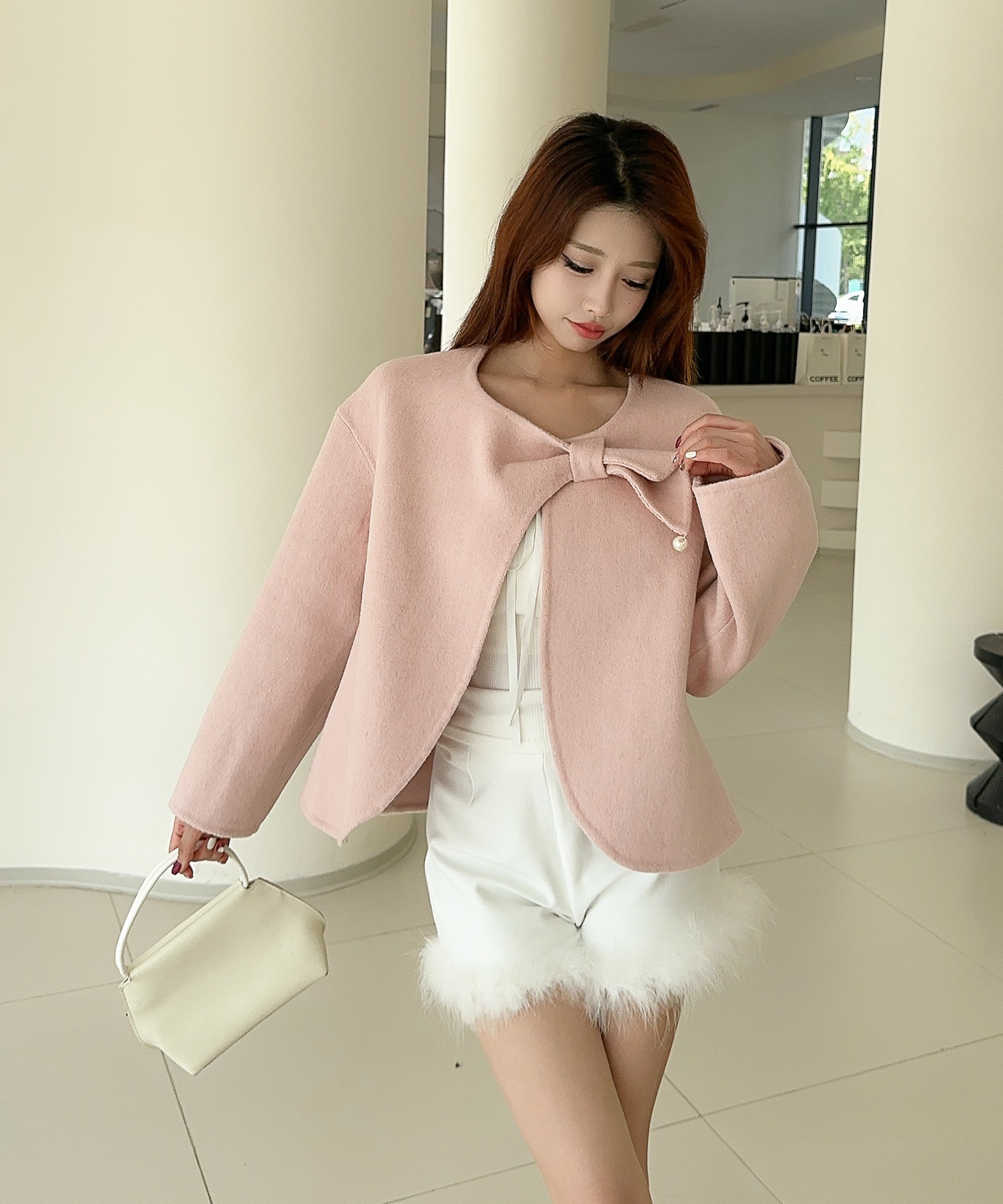 【Jasmine】リボンノーカラーリバーウールコート ショート丈