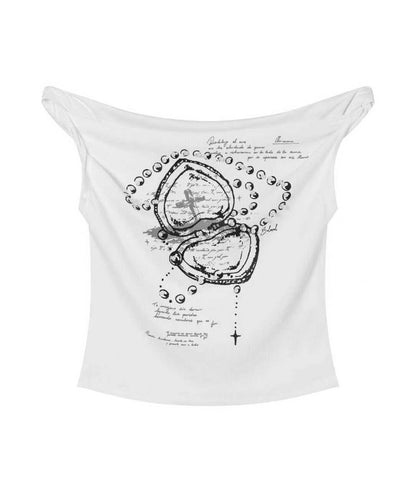 HOOK for girls クロス柄グラフィック オフショルダークロップドTシャツ