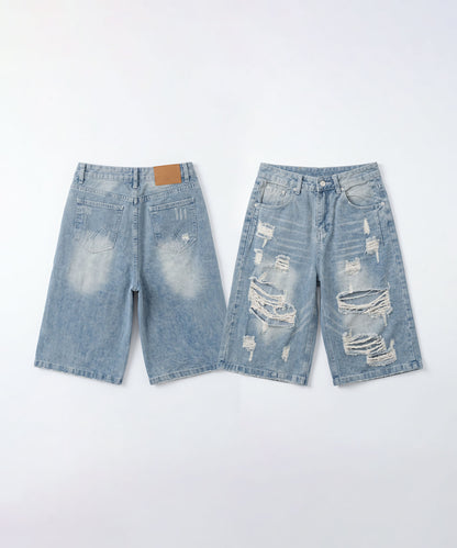 HOOK クラッシュダメージ × フェードウォッシュ バギーデニムハーフパンツ