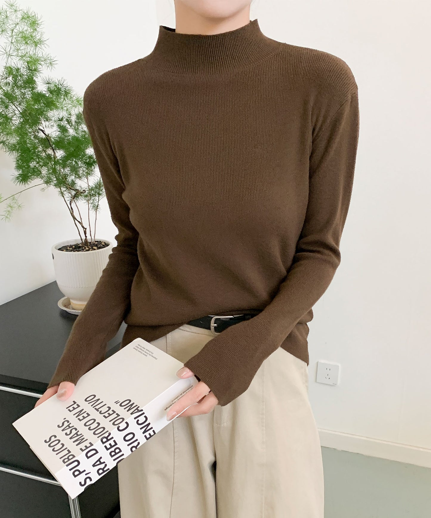 aimoha/無地モックネックニットソートップス