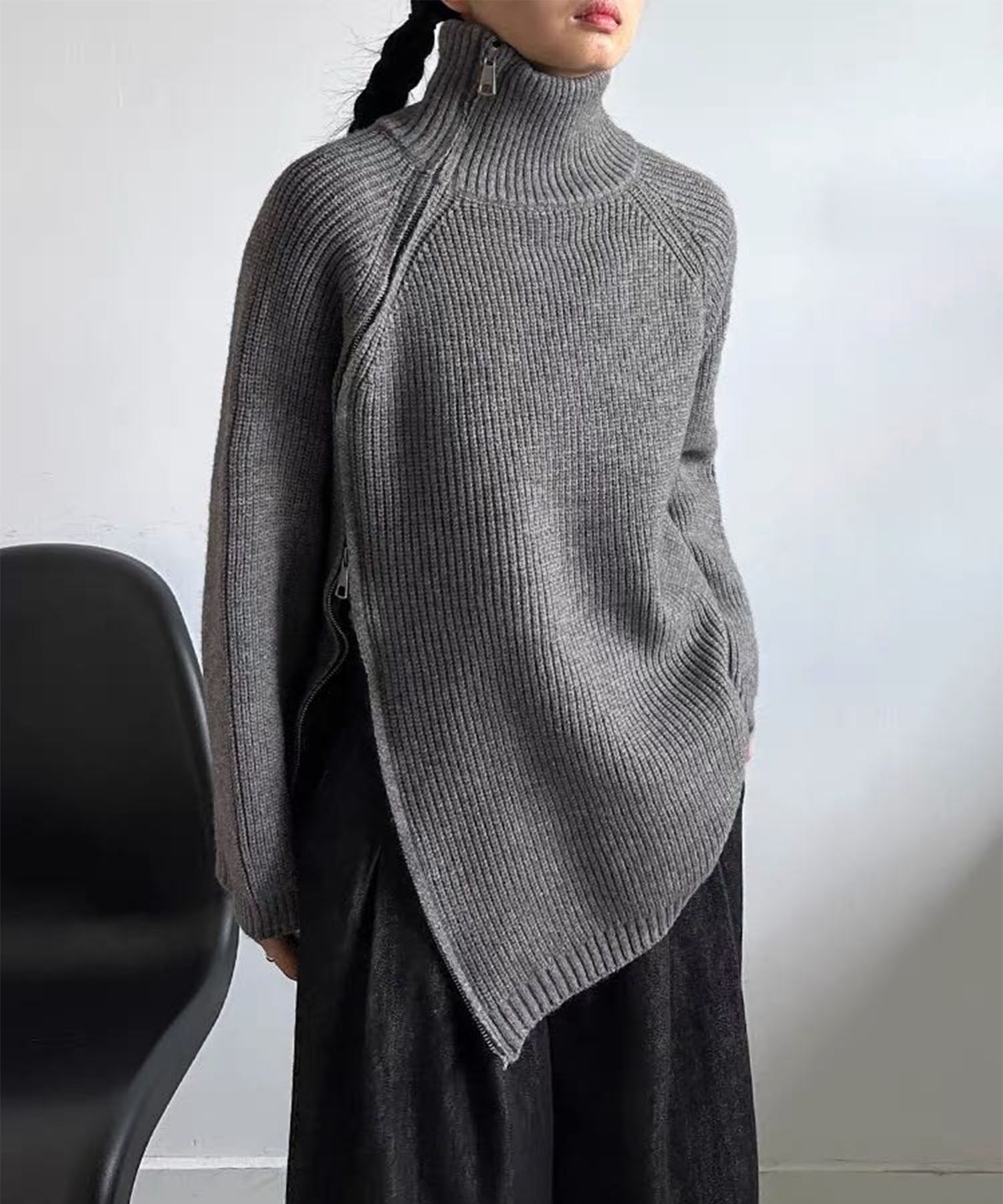 斜めファスナー アシンメトリーニットトップス（ダブルジップ仕様）