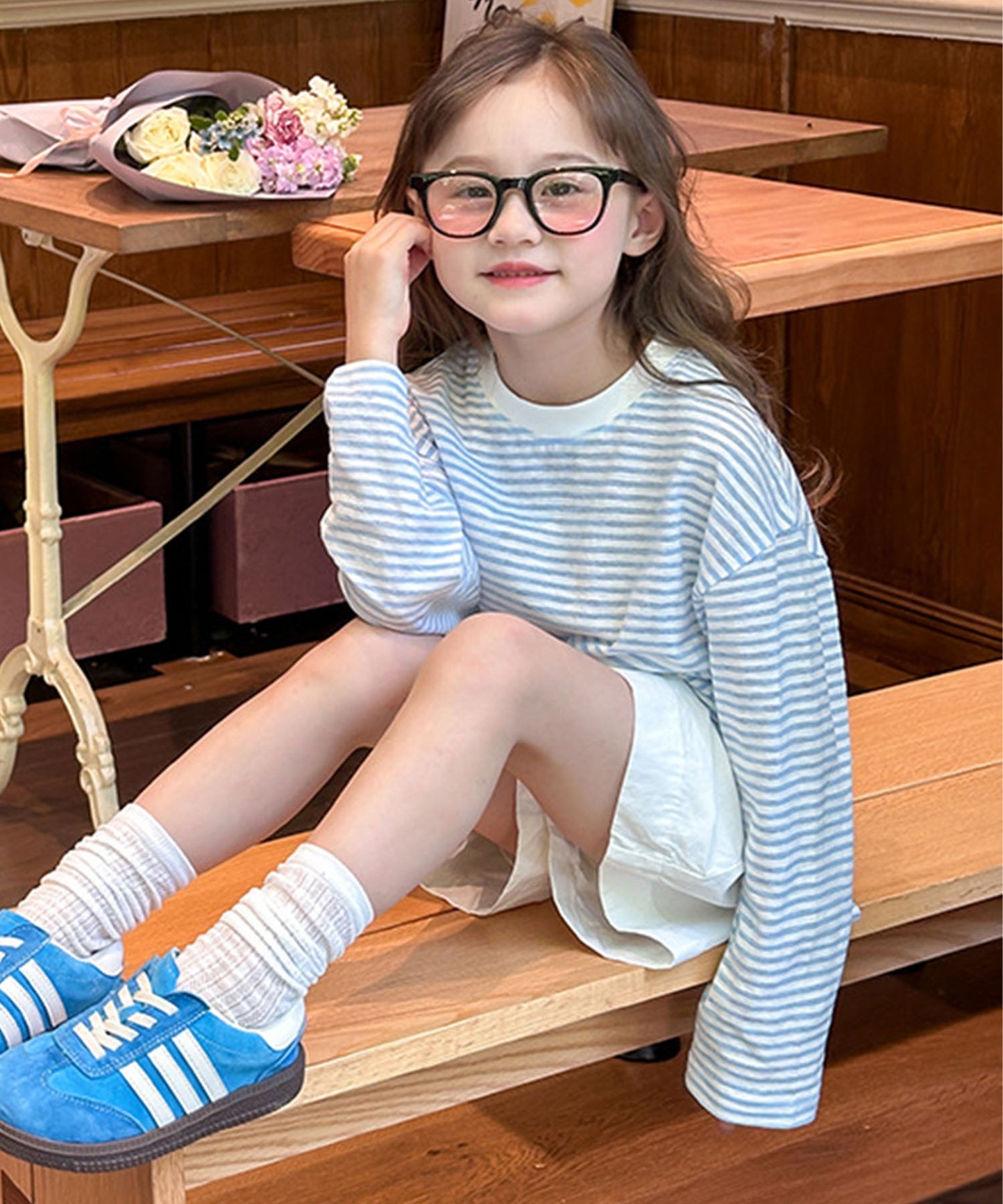 【aimoha-KIDS-】キッズ　シアーボーダーロングTシャツ