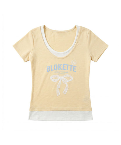 HOOK for girls　リボンロゴプリント レイヤード風UネックTシャツ