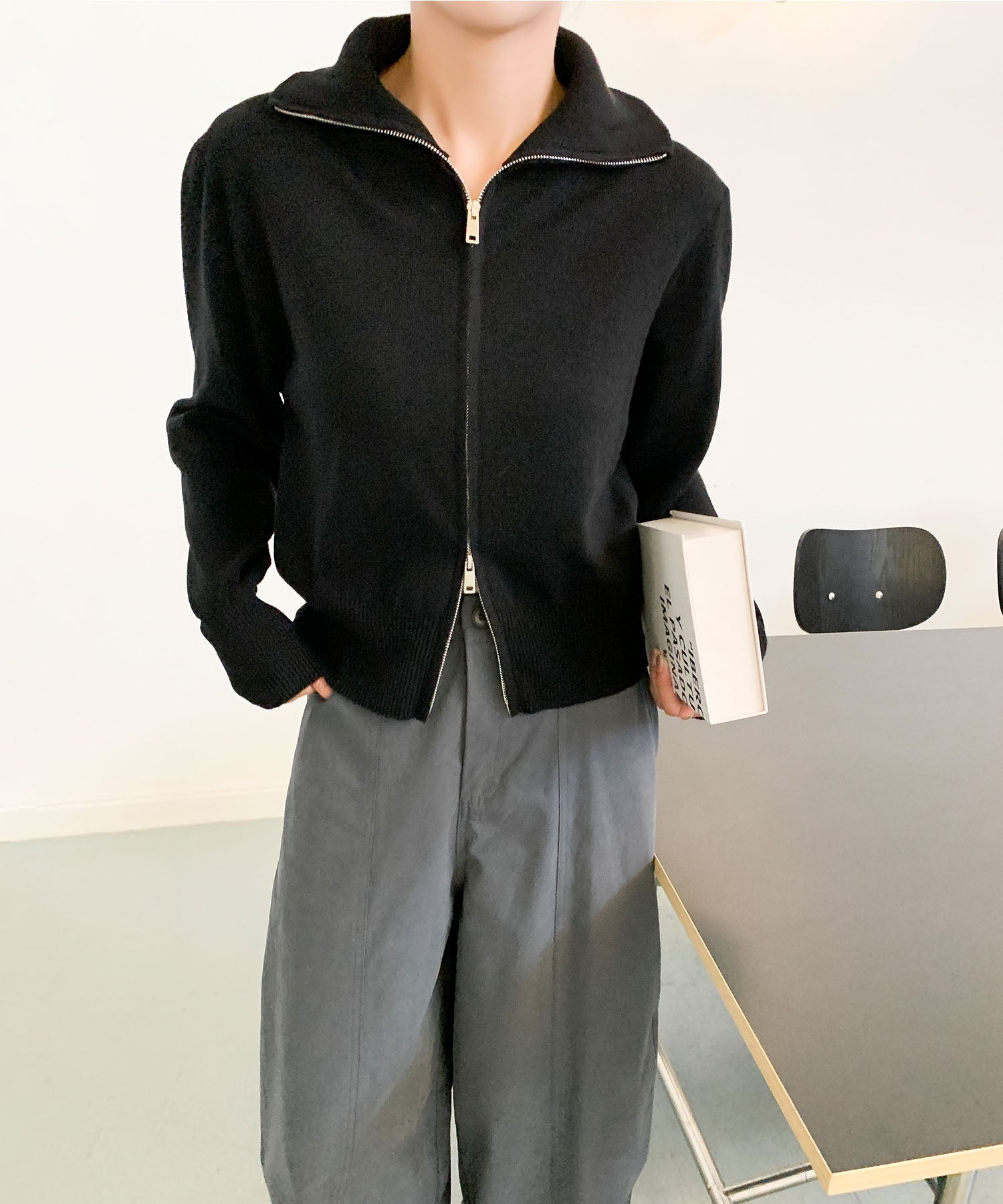 aimoha/ダブルジップ 無地ニットパーカー