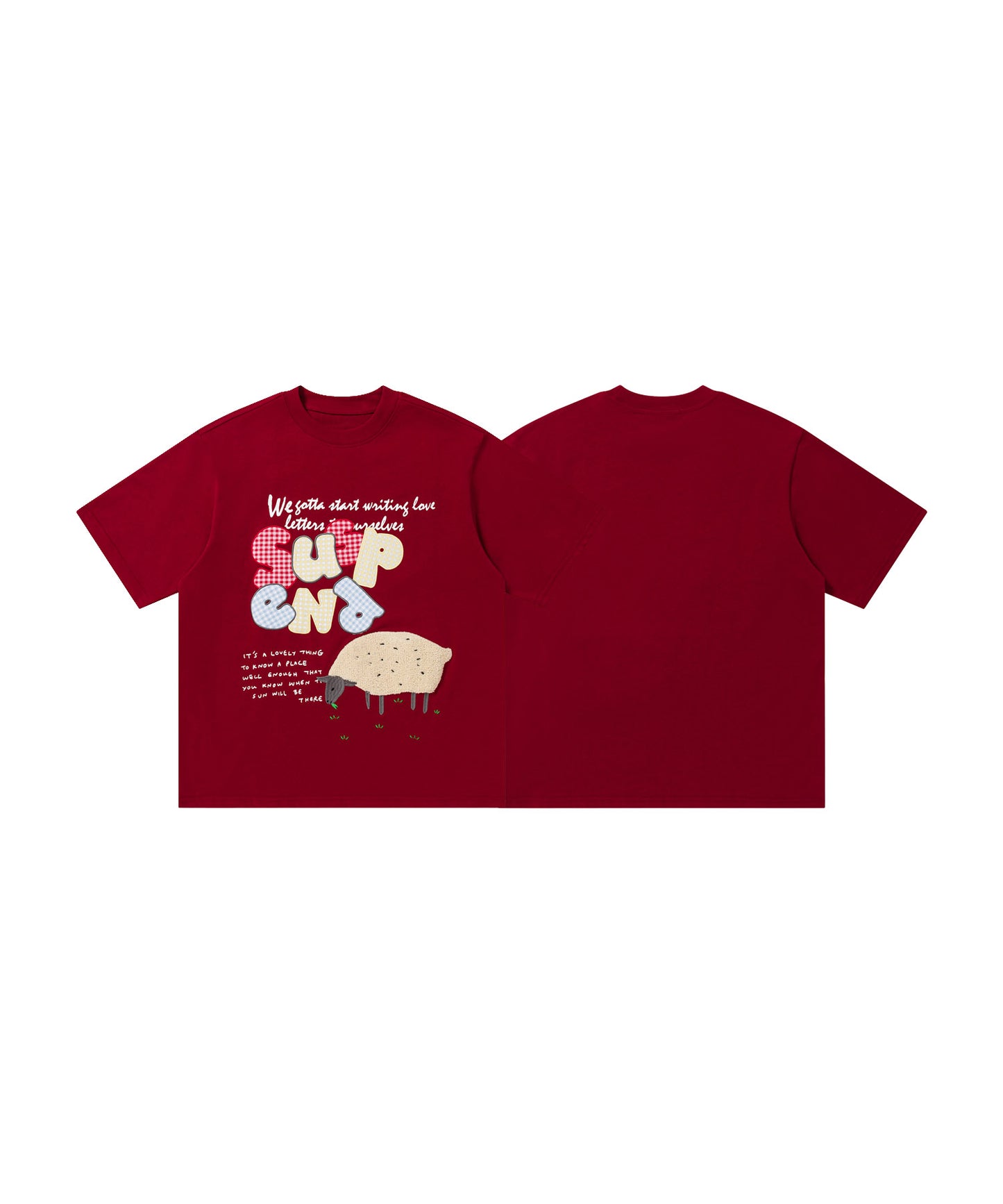 ギンガムパッチワーク文字アップリケ × もこもこひつじ刺繍 ビッグTシャツ (SS)