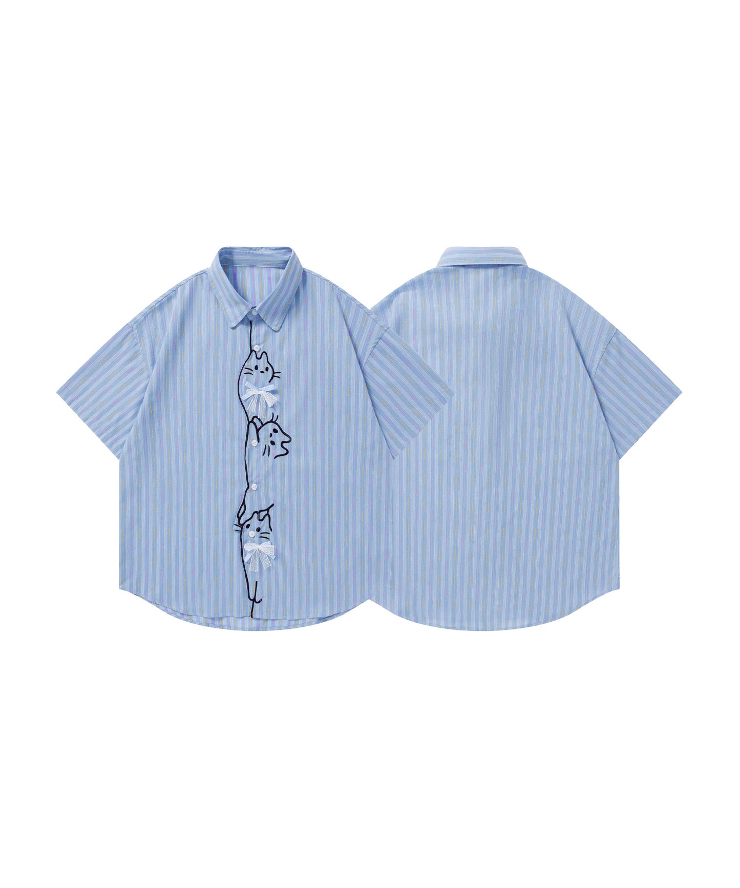 HOOK for girls　ぶら下がりネコ刺繍 × レースリボン 半袖マルチストライプシャツ (SS)