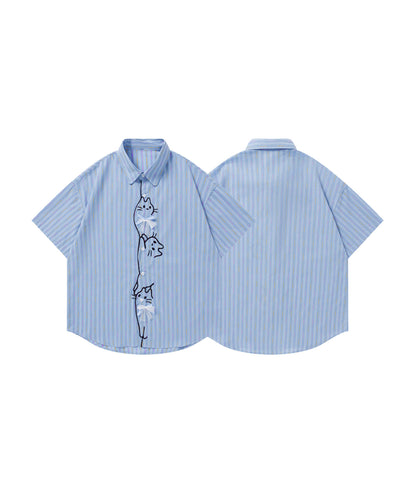 HOOK for girls　ぶら下がりネコ刺繍 × レースリボン 半袖マルチストライプシャツ (SS)