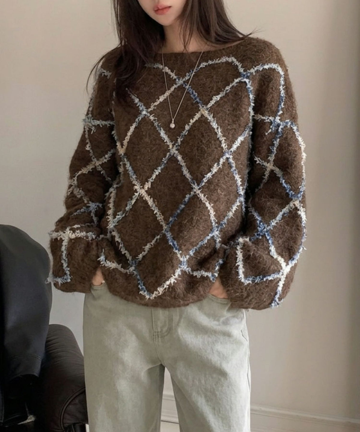 aimoha/配色ダイヤ柄シャギーニット
