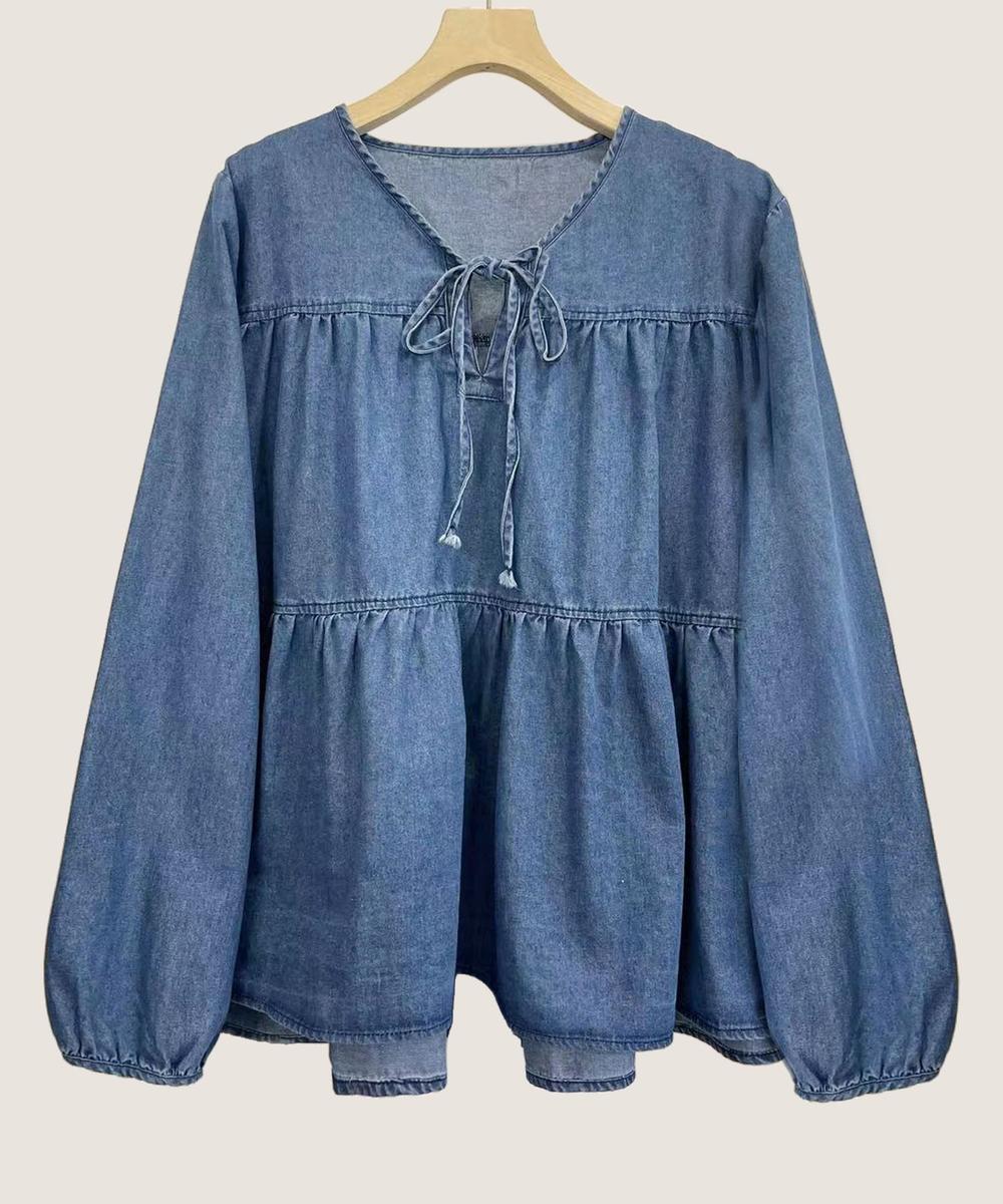 デニムティアードリボンブラウス