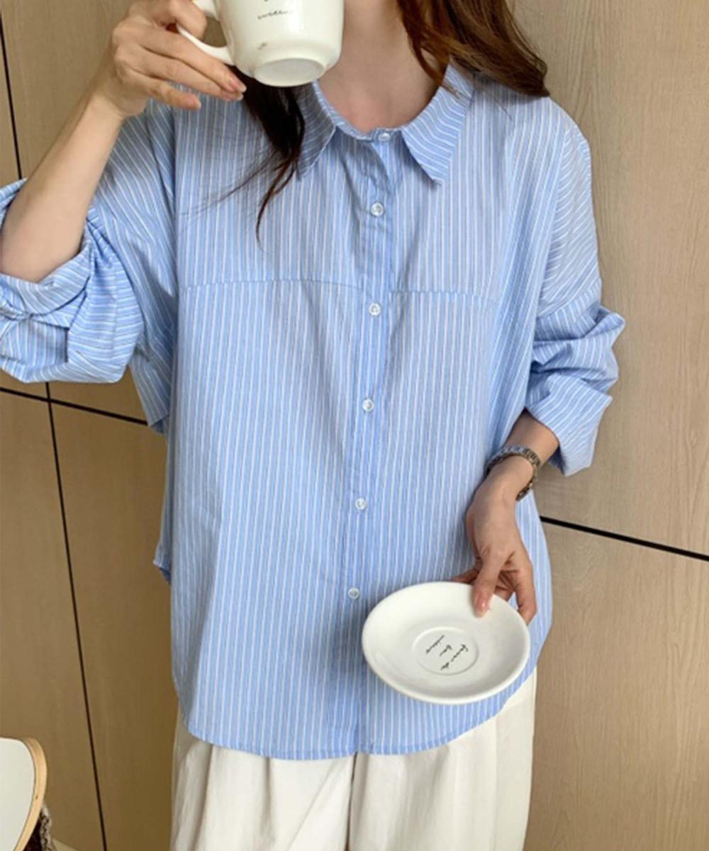 ストライプ切替コットンシャツ