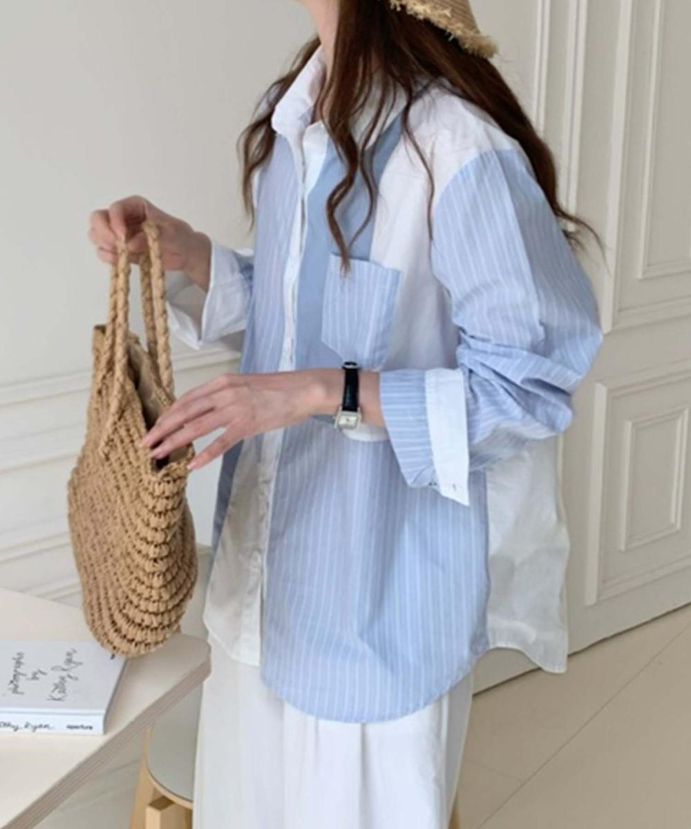 パッチワーク風コットンシャツ