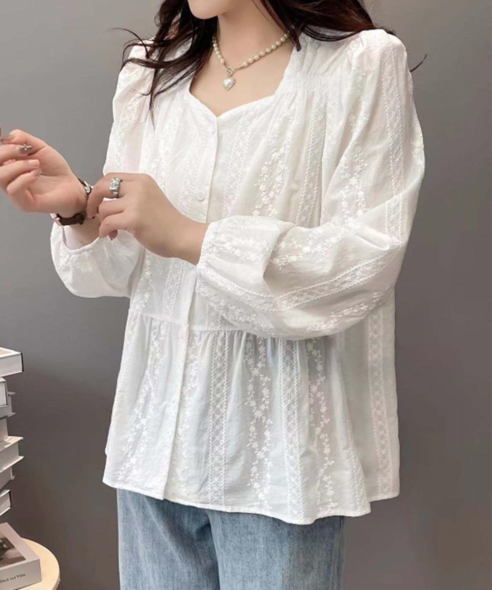 フリル花柄ペンタゴンネックシャツブラウス