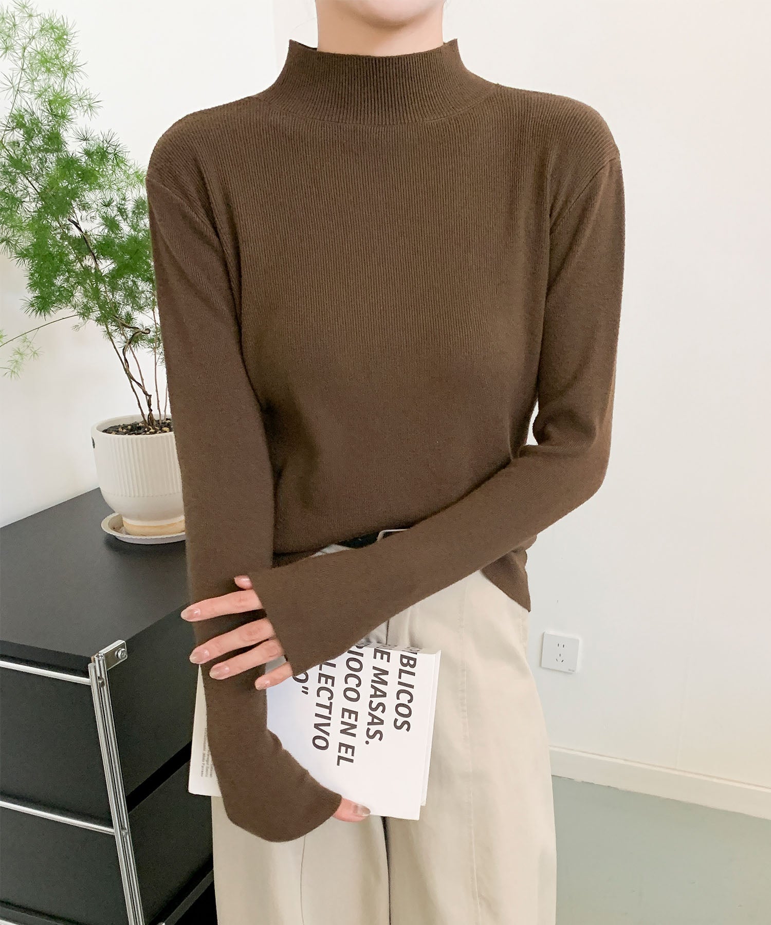 aimoha/無地モックネックニットソートップス