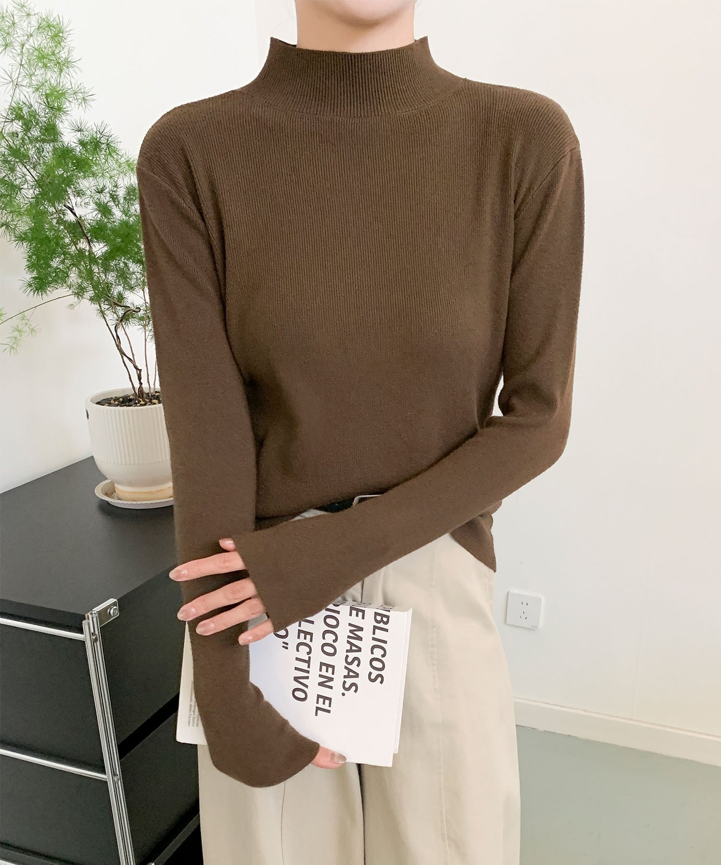 aimoha/無地モックネックニットソートップス