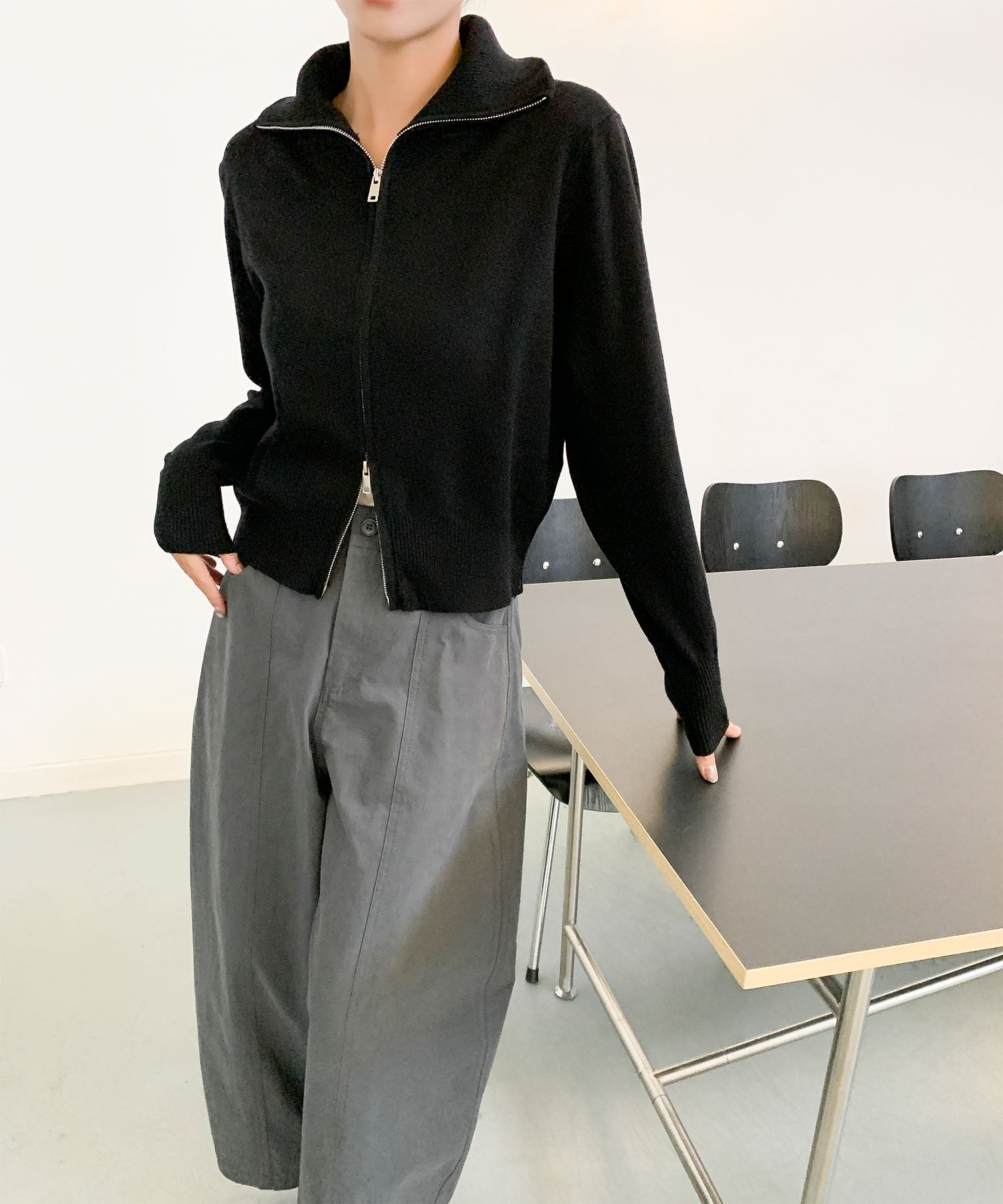 aimoha/ダブルジップ 無地ニットパーカー