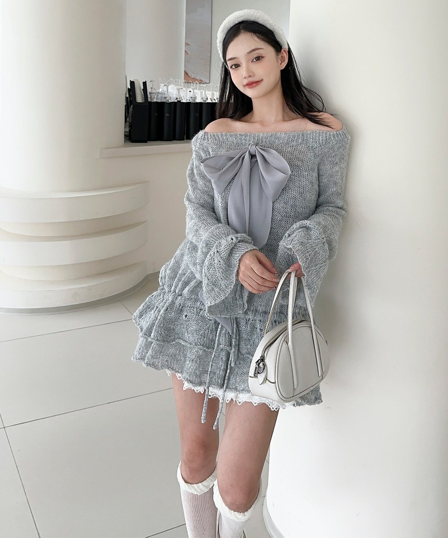 【Jasmine】ワンショルフロントリボンニットワンピース