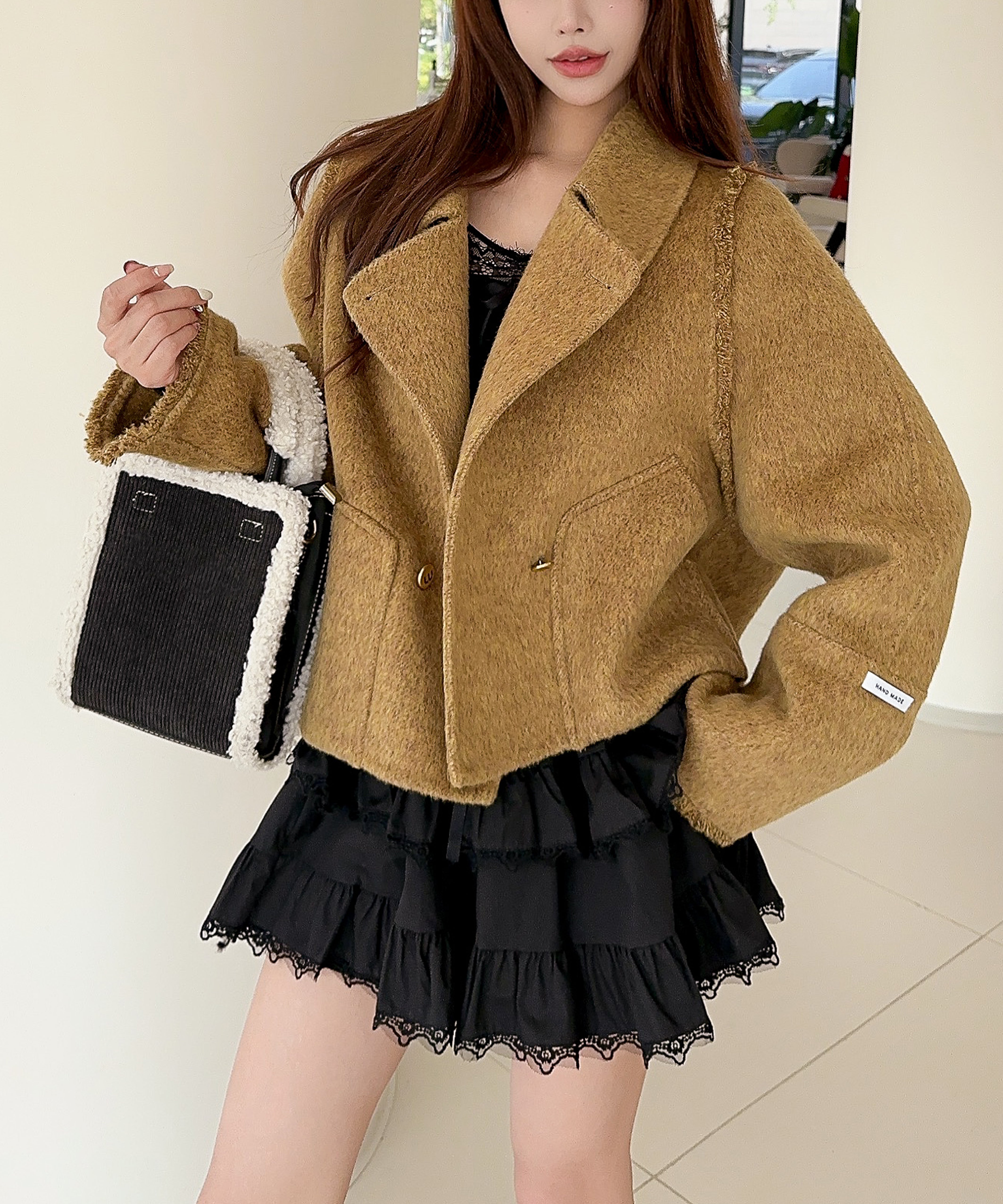 【Jasmine】フリンジリバーウールコート ショート丈