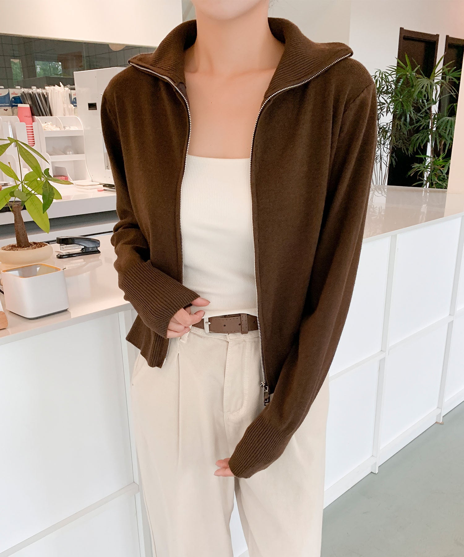 aimoha/ダブルジップ 無地ニットパーカー