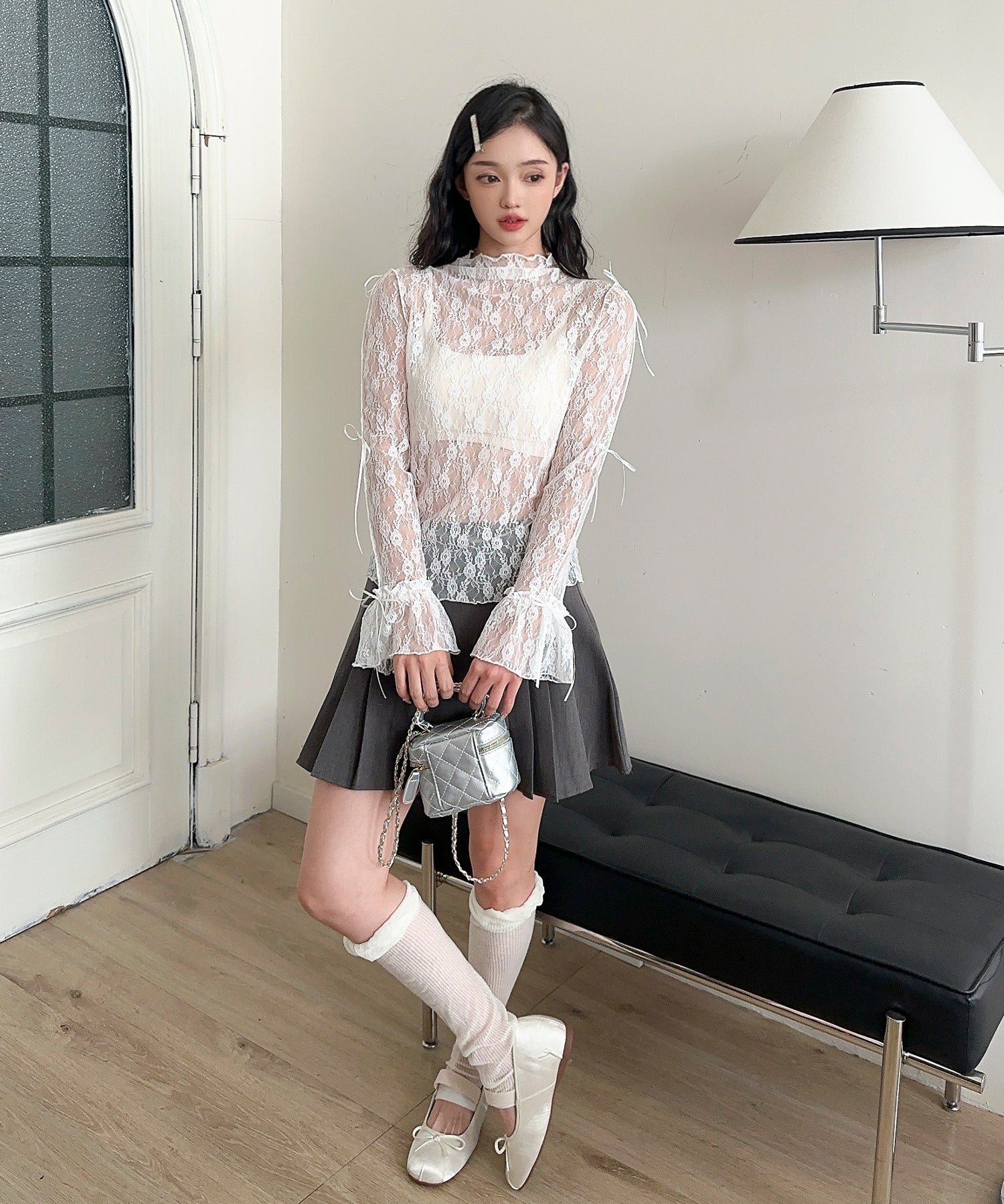 【Jasmine】袖リボンメロウシアーレースインナートップス