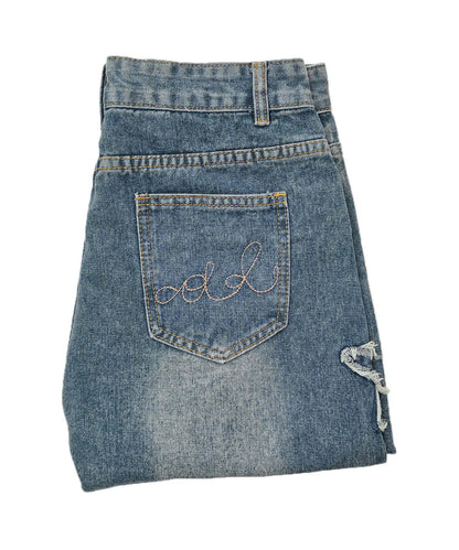 HOOK　スター刺繍×ブローチ カットオフ デニムショーツ ワイドハーフパンツ Y2K ユニセックス ストリート