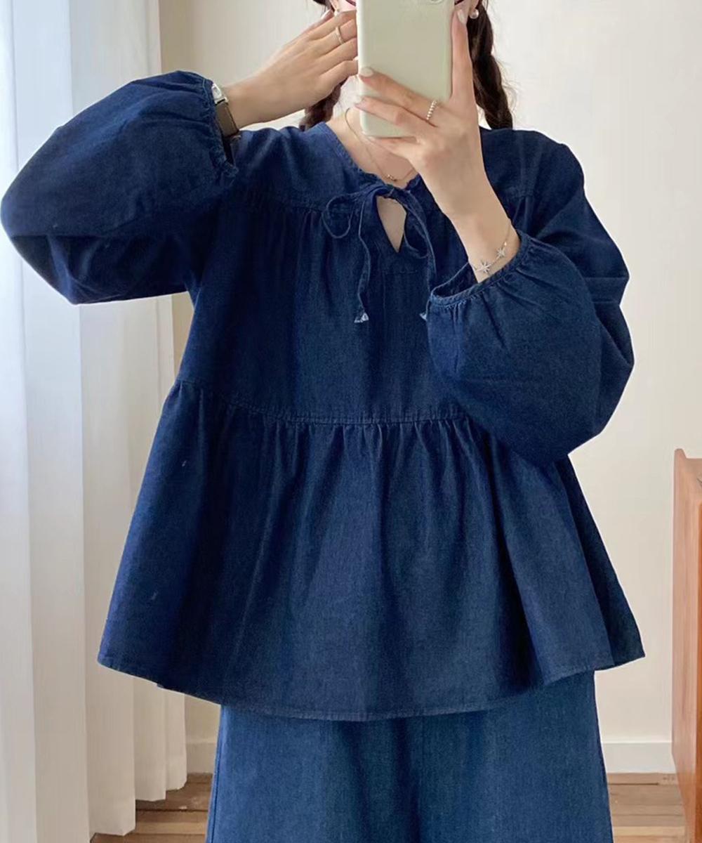 デニムティアードリボンブラウス