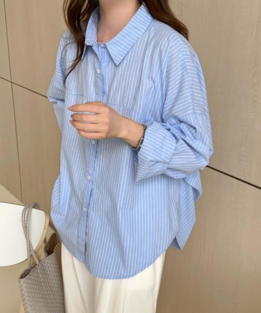 ストライプ切替コットンシャツ