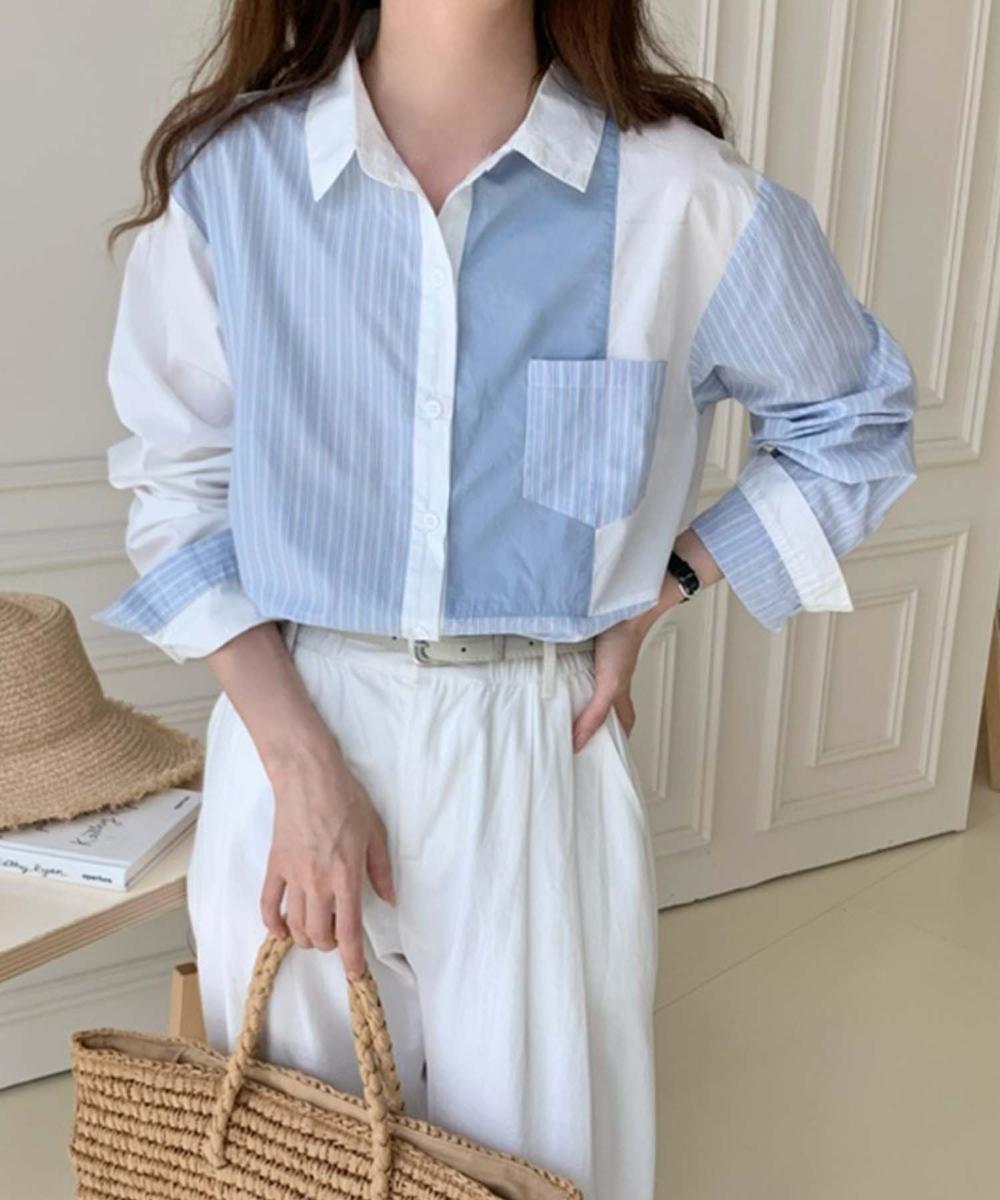 パッチワーク風コットンシャツ