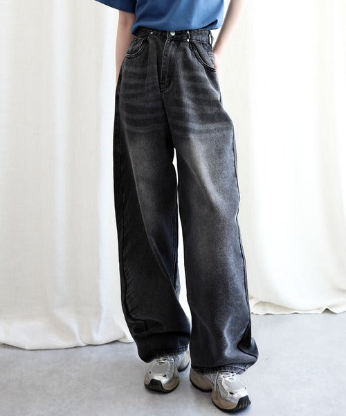 2WAYデザインジーンズデニム深めのウエストタックハイウエストデニムパンツ