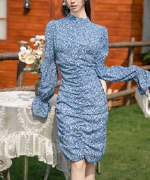 【Jasmine】スタンドカラーパワショル花柄ミニワンピース　（OG)