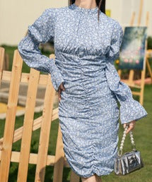 【Jasmine】スタンドカラーパワショル花柄ミニワンピース　（OG)