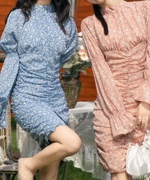 【Jasmine】スタンドカラーパワショル花柄ミニワンピース　（OG)