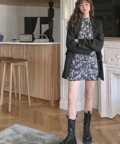 【Jasmine】スタンドカラーパワショル花柄ミニワンピース　（OG)