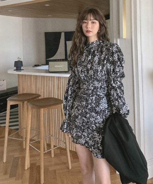 【Jasmine】スタンドカラーパワショル花柄ミニワンピース　（OG)