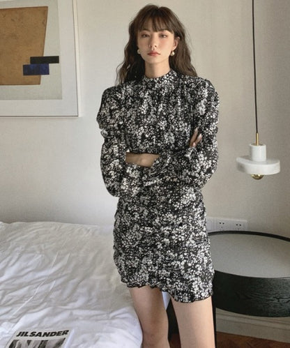 【Jasmine】スタンドカラーパワショル花柄ミニワンピース　（OG)