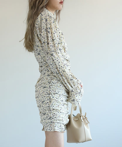 【Jasmine】スタンドカラーパワショル花柄ミニワンピース　（OG)