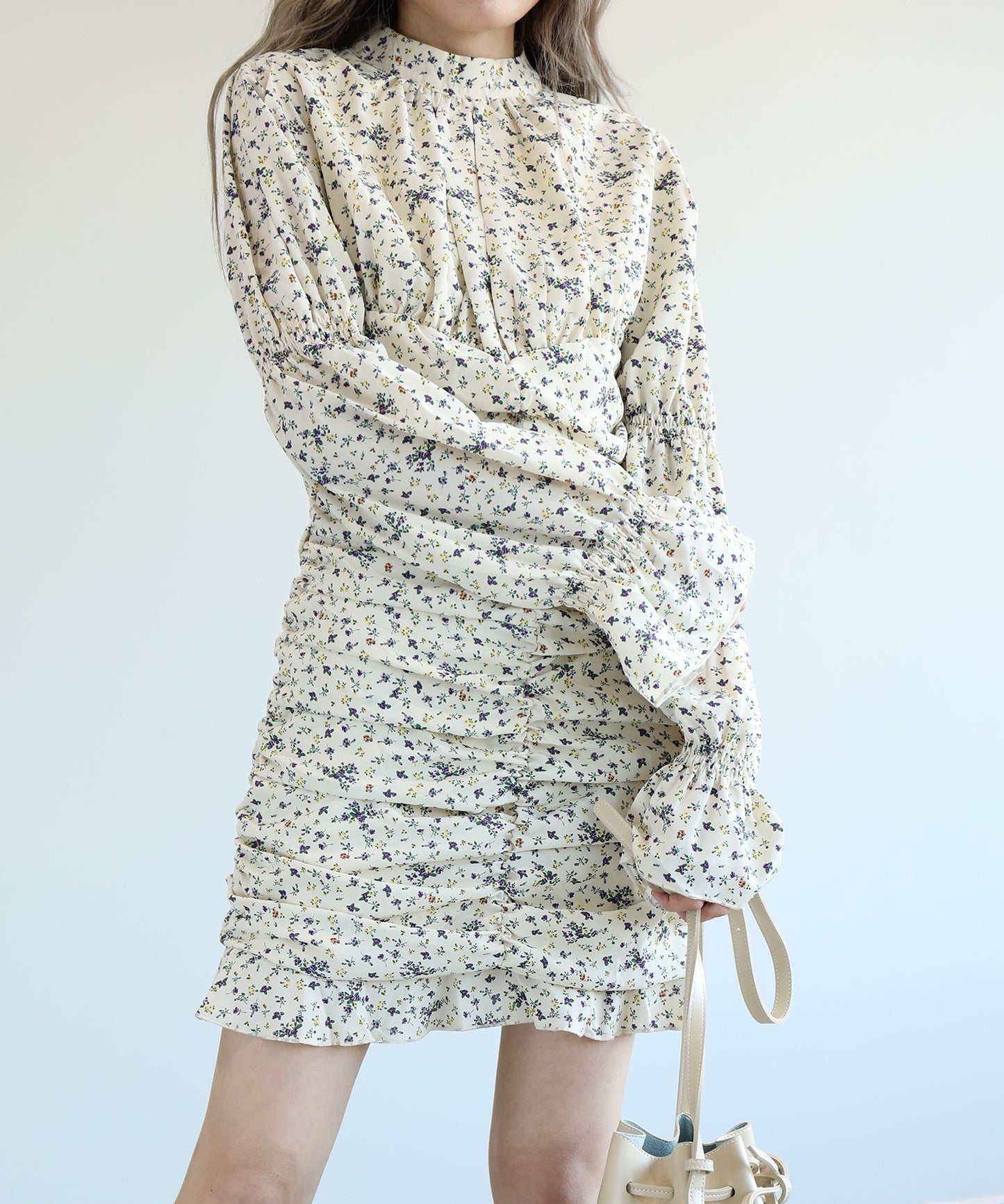 【Jasmine】スタンドカラーパワショル花柄ミニワンピース　（OG)