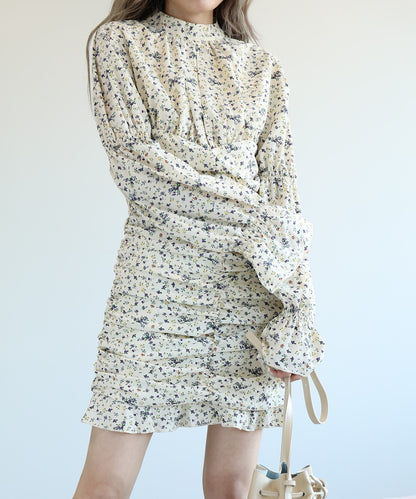 【Jasmine】スタンドカラーパワショル花柄ミニワンピース　（OG)